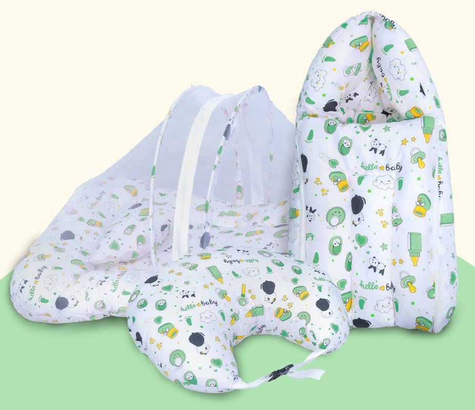 Image of Baby Bedding Set, 3 Pcs Cotton Sleeping Essential|Baby Sleeping Bag|Mother Nursing Feeding Pillow|Mosquito Net Bed for 0-6 Months (Panda Green)