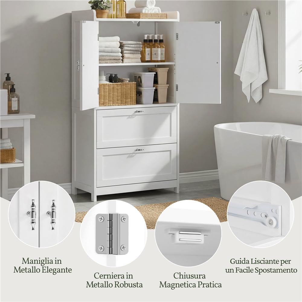 Yaheetech Mobile da Bagno Armadietto Autoportante in Legno Due Ante e Due Cassetti Ripiani Regolabili Mobiletto Bagno Multiuso per Soggiorno Salotto Cucina Sala da Pranzo 60x30x115 cm Bianco