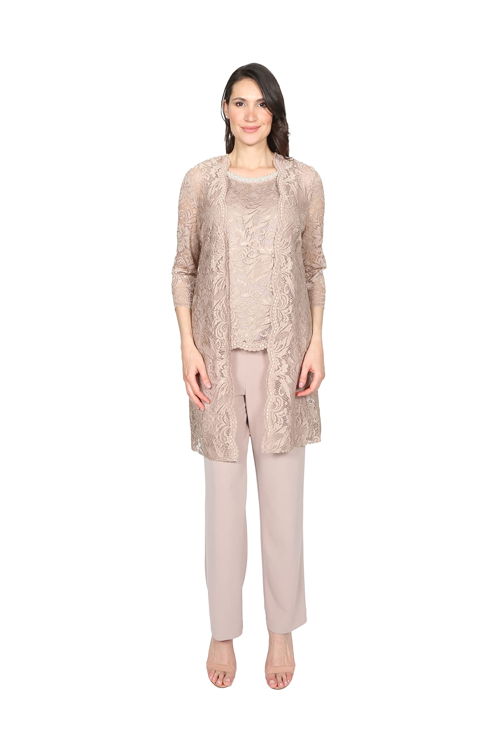 Le BosWomen's 3-Piece Set with Lace Jacket, Embellished Tank, and Elastic Waist Pants