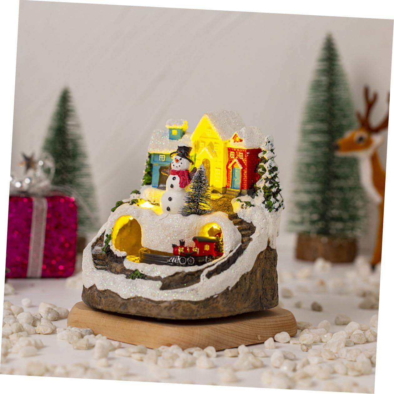 BESTYASH Statuina Casa Natalizia Illuminata con Musica e Trenino Decorazione da Scrivania Compatta per Feste di Natale Regalo per Anniversario Decorazione Villaggio in Miniatura