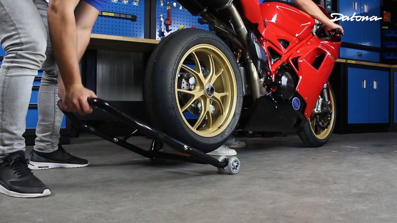 Einarm Motorrad Montageständer - Hinterradständer für einseitige Schwinge mit 21,7 & 25,7 mm Aufnahme - 200 kg Tragkraft, 4 Rollen, Schwarz