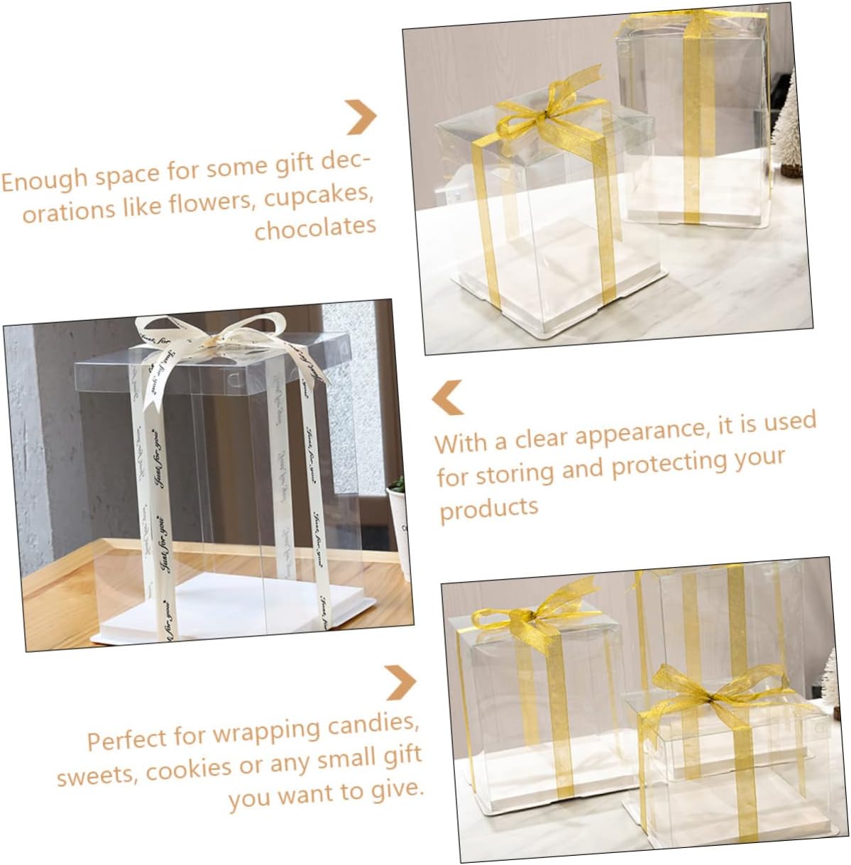 ULTECHNOVO 4 Pcs Transparent Cake Boxes Premium Plastic Cake Carrier Clear Bakery Packaging Containers with Color Ribbon for Gift Wrapping and Storage