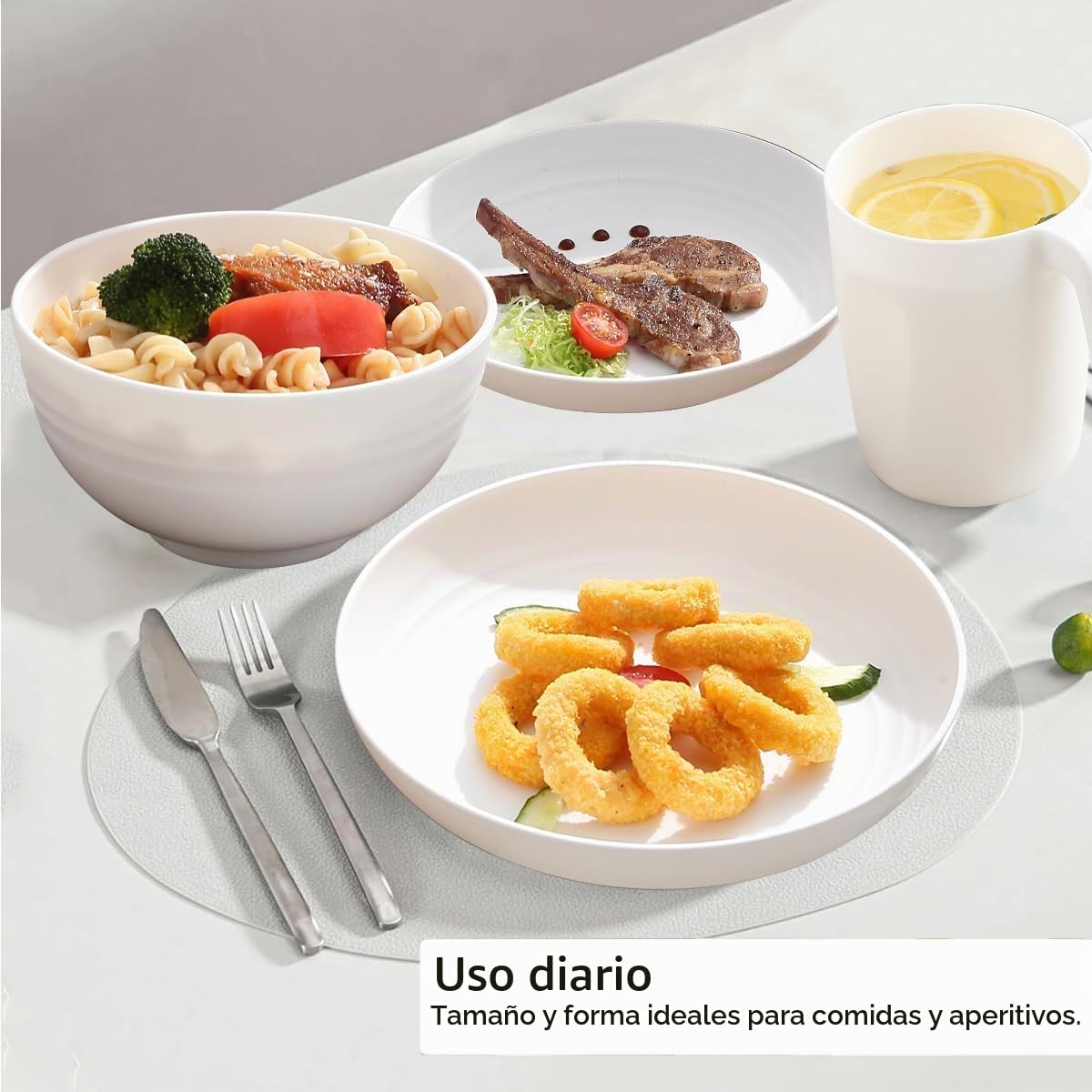 Kyraton Cubiertos de plástico Juegos de 32 piezas, reutilizables Platos ligeros Tazas Cuencos Platos Fácil de llevar y limpiar Microondas Seguro BPA Lavavajillas seguro Servicio seguro para 8