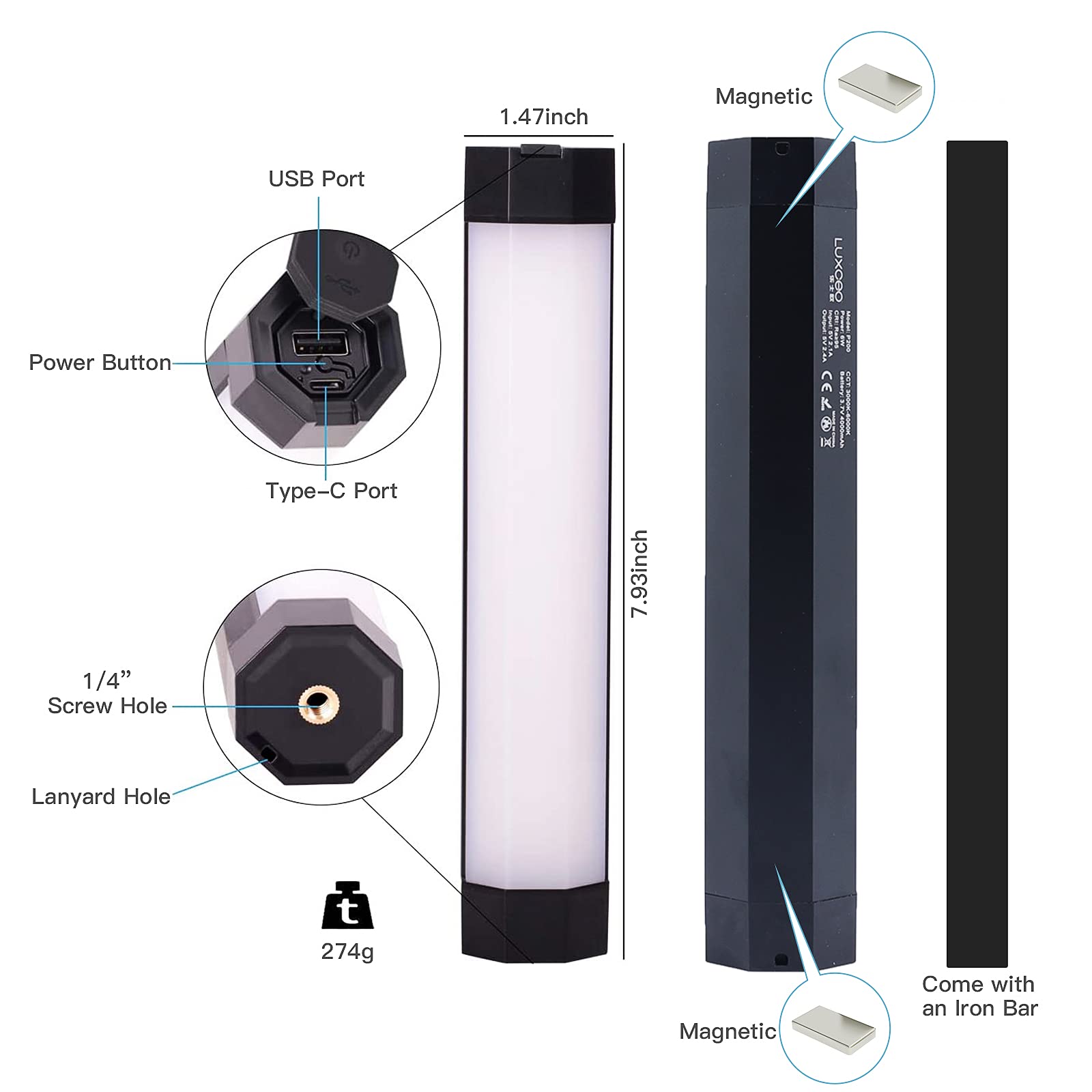 LUXCEO P200 RGB luce video bacchetta con controllo APP IP67 LED fotografia luce, CRI≥95 built-in forte magnetico, batteria 4000mAh power bank, 3000k 6000k dimmerabile continuo bastone colorato