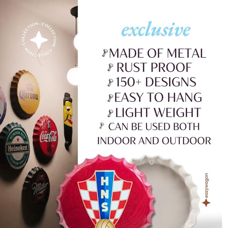 Image of EAZYWAGON Decorative Metal Bottle Caps Wall Sign Plates - 14X14 Inches - Croatia HNS Football | Metal Wall Hanging Bottle Cap for Home, Farmhouse, Bar & Cafe Decoration | Vintage & Retro Look Plaques