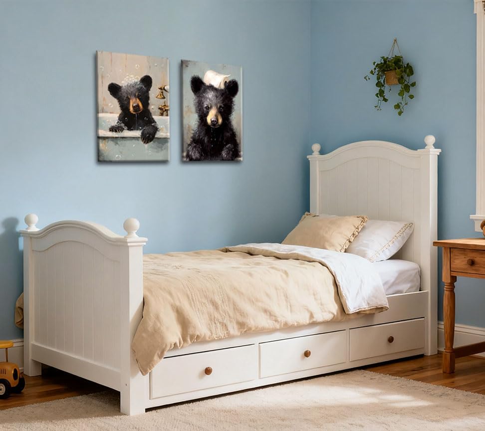 Image of Frimeeme 2 Piece Bear Bathroom Canvas Wall Art Set 12x16 inches | Bathtub Bear Prints, Cute Humorous Posters Ready to Hang Home Decor1, ready to hang