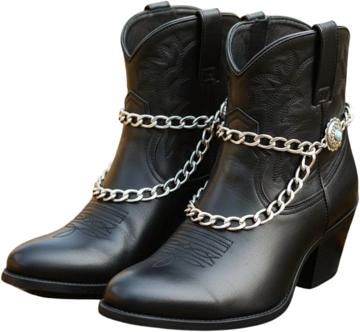 Boho Turquoise Flower Boot Anklet Jewelry for Women – 2PCS Silver Chain Boot Bracelets, Double-Sided Western Concho Flower Charms, Handmade USA (Pair) BC25