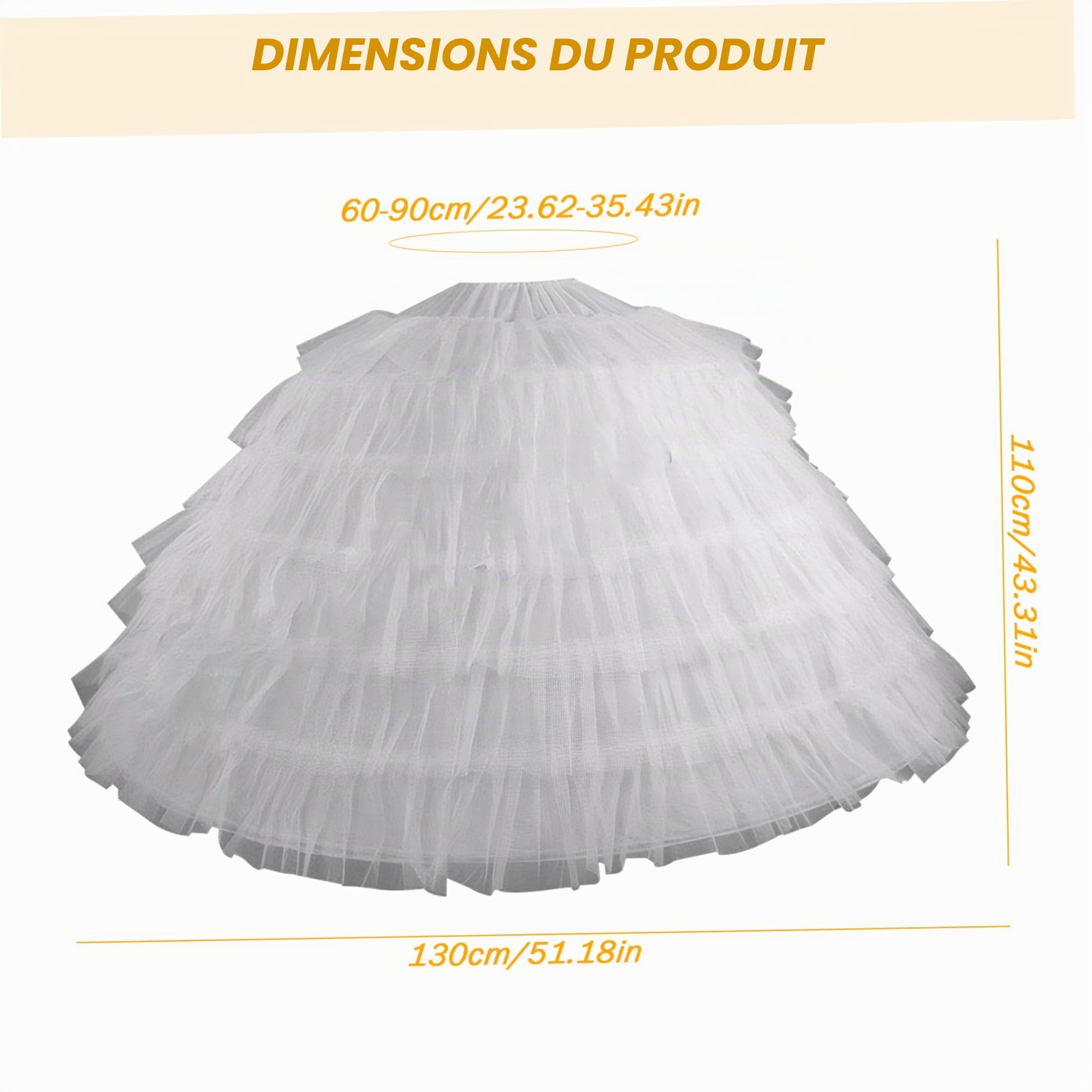 Jupon en tulle à 6 cerceaux 109 cm de long pour femme ajustable pour robe de mariée