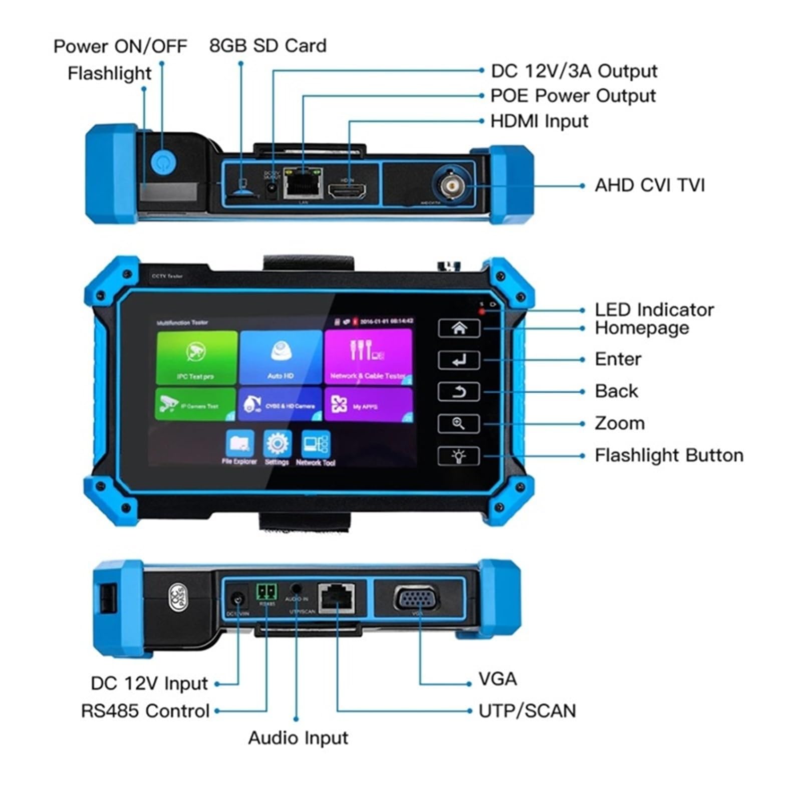 Tester per analizzatori CCTV Network Engineering Treasure IPC-5100Plus Tester completo coassiale analogico di rete Ingresso HDMI/VGA con touch screen/display LCD