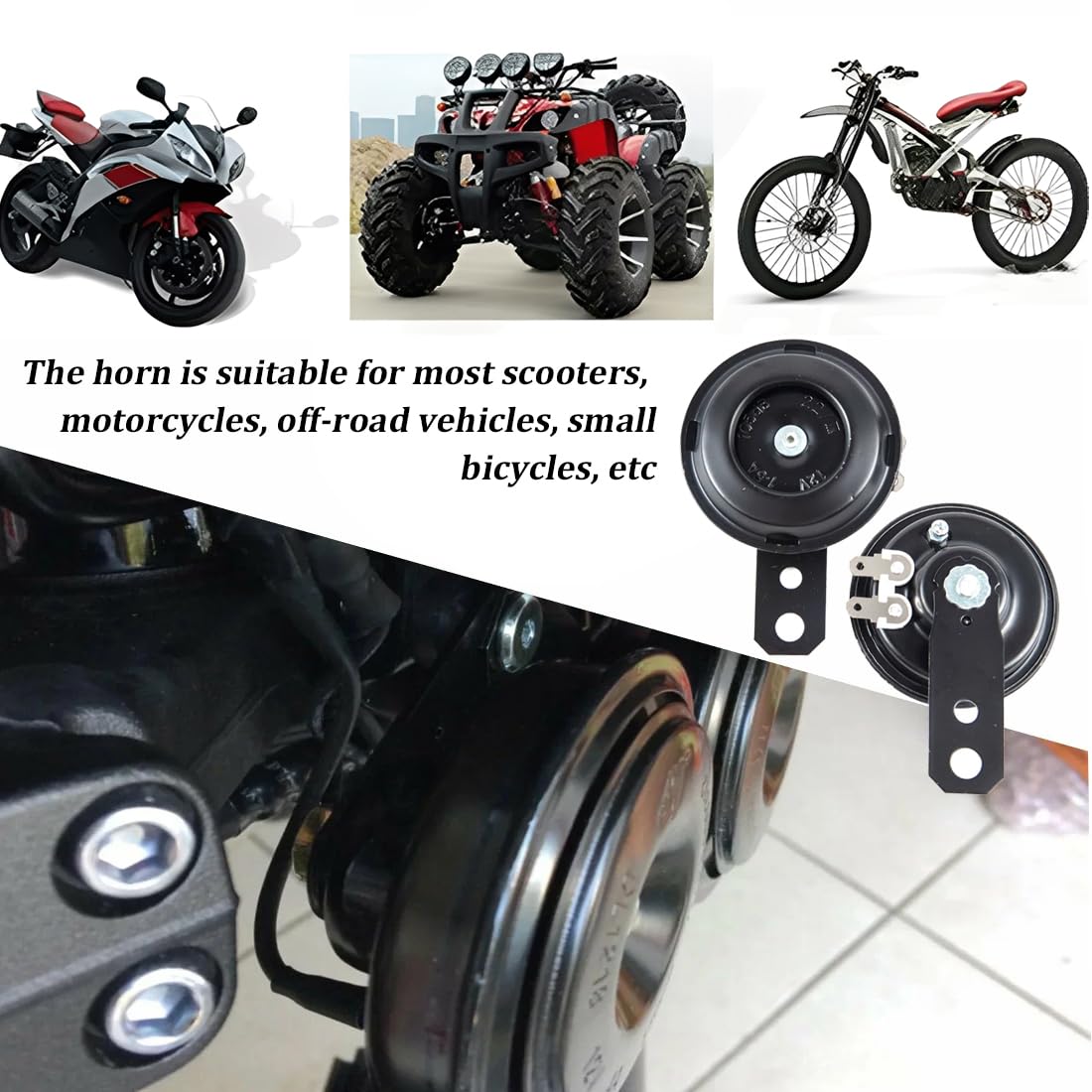 Clacson Auto, 12V, Clacson Moto, Clacson Camion, Tromba Potente Clacson per Moto, Scooter, Veicolo, ATV, Quad, Moped, Nero