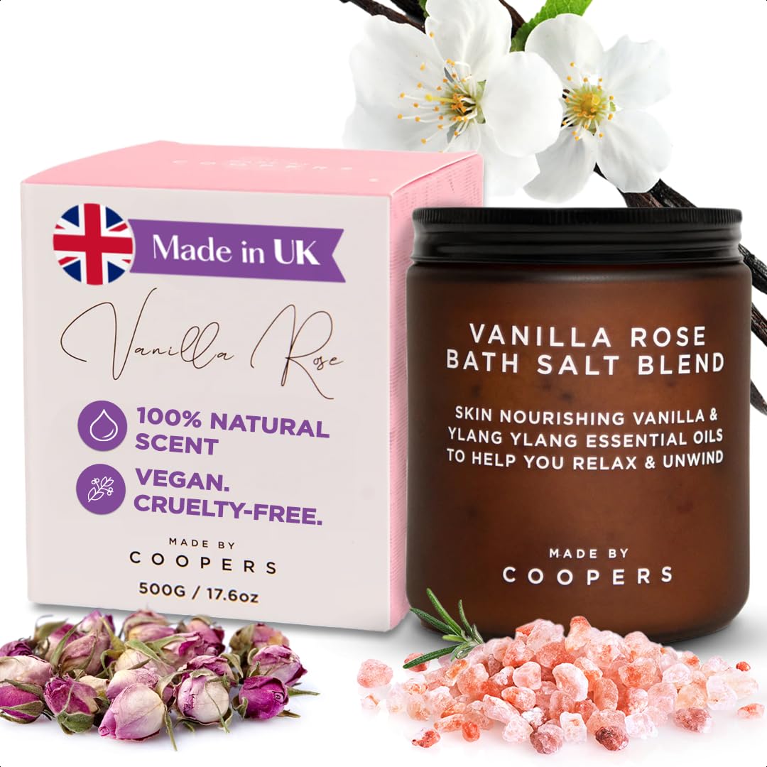 Made by Coopers Vanilla Rose Bath Salts Blend | Epsom Salts with Himalayan & Dead Sea Salt | Relaxing Aromatherapy with Vanilla, Ylang Ylang, Coconut Oil & Rose Petals | Vegan & Cruelty Free | 500g