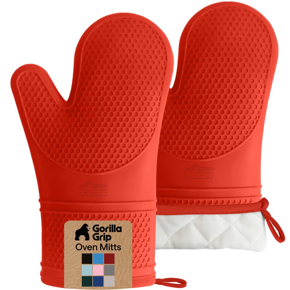 GORILLA GRIP BPA-Free Soft Silicone Oven Mitts, Heat Resistant and Waterproof Cooking Gloves, Thick Cotton Lining, Flexible Gripping for Baking Grilling, Kitchen Potholders Set of 2, 12.5x8.3, Coral