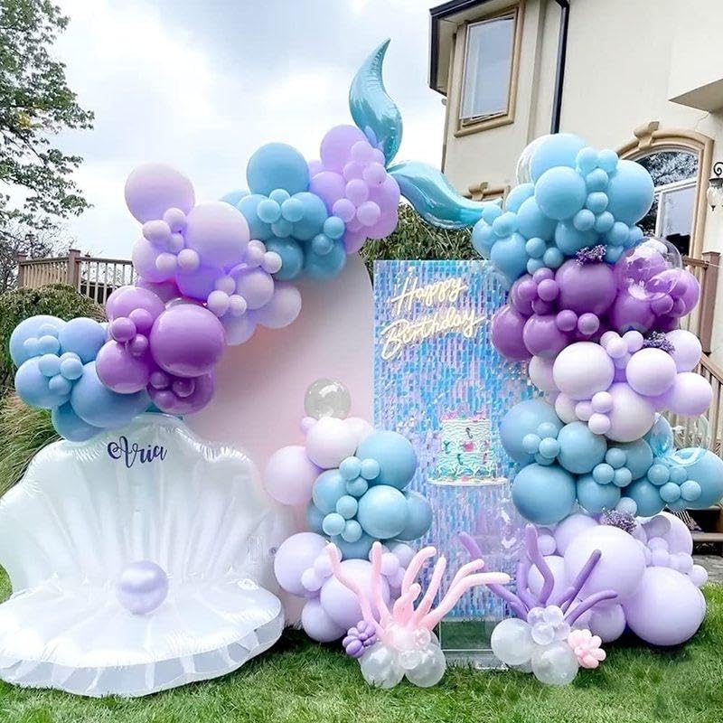 Image of Mermaid Party Balloons, 60PCS Metallic Purple Green Balloons, 12Inch Purple Blue Confetti Latex Balloon Helium for Girls Mermaid Theme Birthday Party Decorations Baby Shower Wedding Supplies