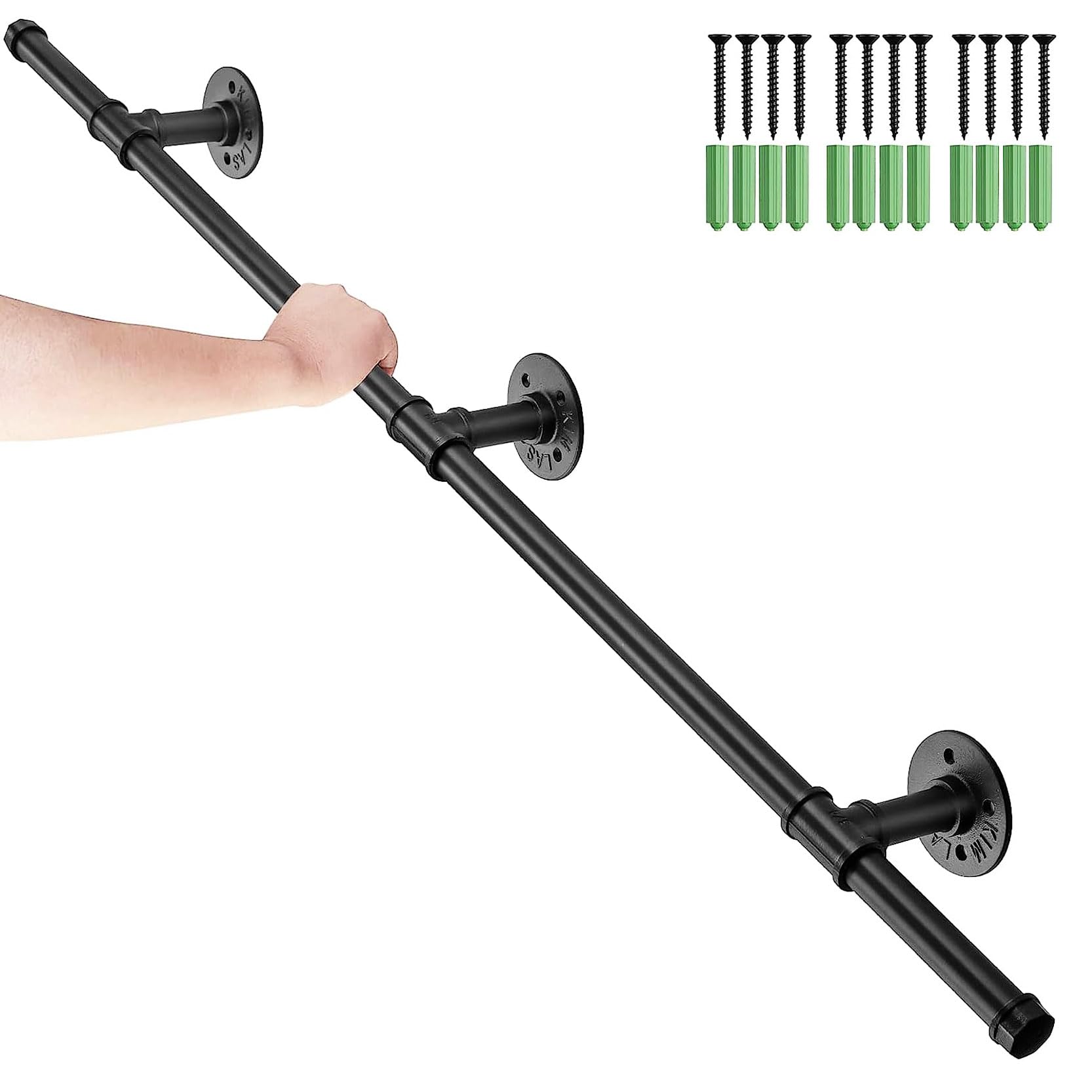 Handrail for Stairs,19.7-55.1in Wall Mount Wrought Iron Stair Railing,Matt Black Powder Coat Grab Bar,Industrial Wind Galvanized Pipe Staircase Banister(Size:120cm/47.24in)