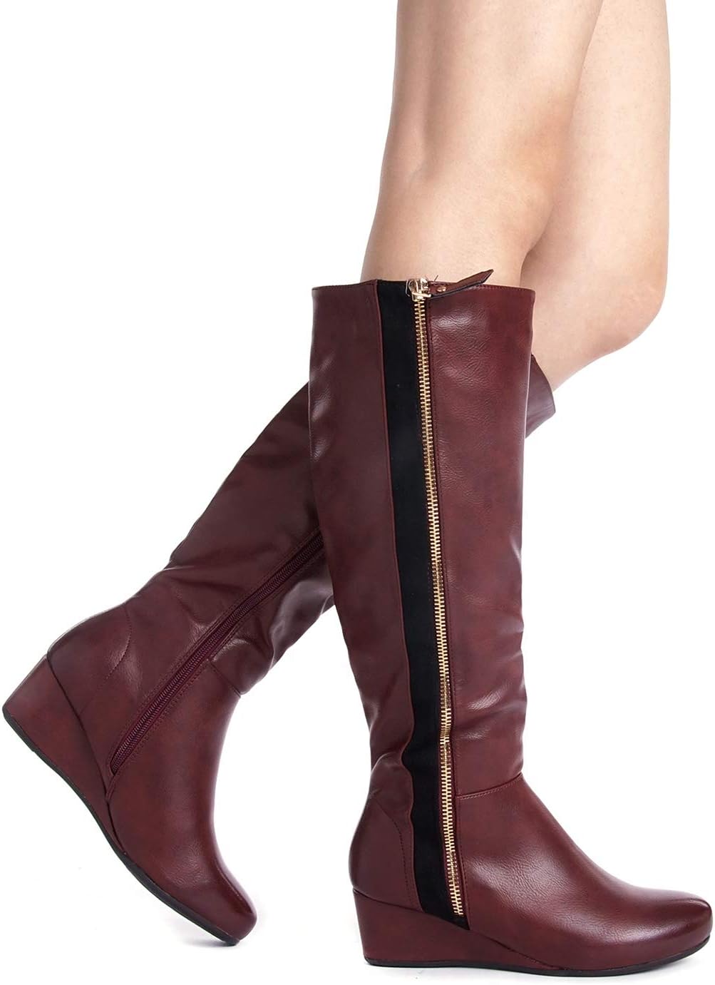 DREAM PAIRS Women's Consta Burgundy Low Wedge Knee High Winter Boots Size 5 M US