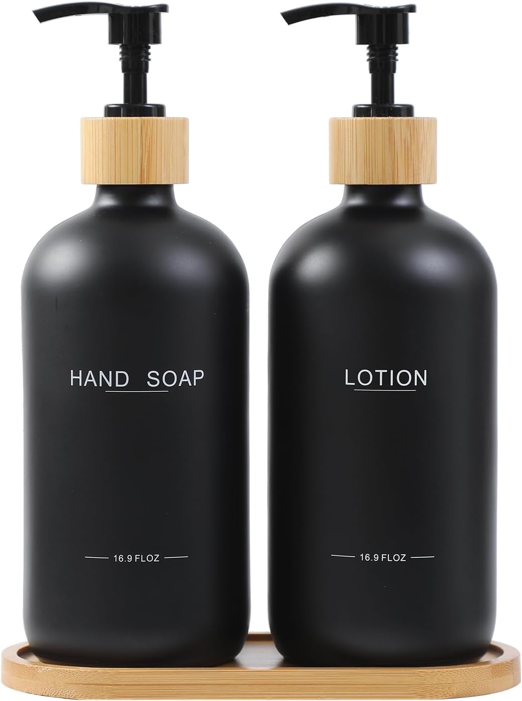 Juego de dispensador de jabón negro, bombas y bandeja de bambú, jabón de manos y dispensador de loción, adecuado para decoración de mostrador de