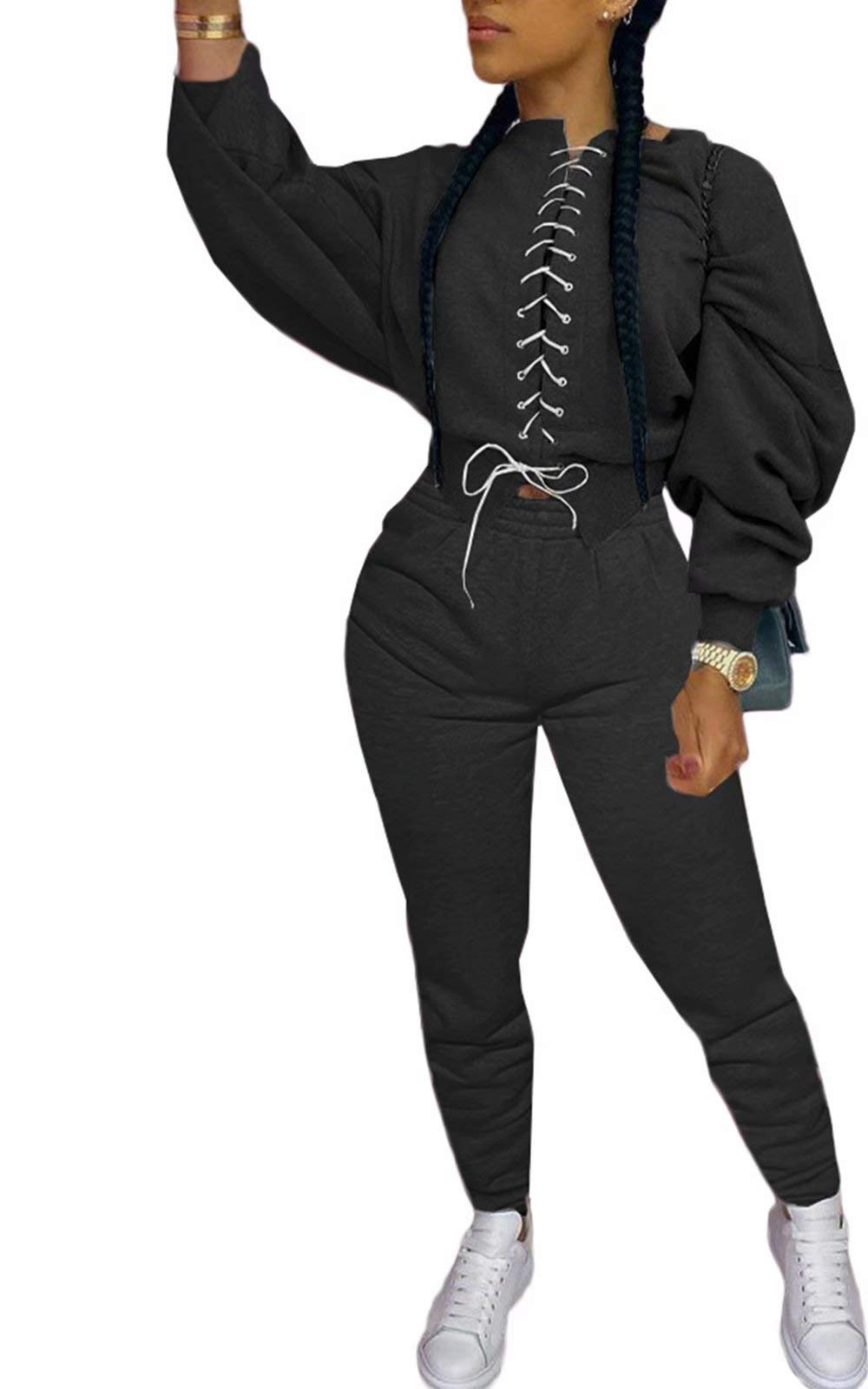 Neyaolk Women Casual Outfits Tracksuit - Color Block Eyelet Lace Up Jacket Coat Bodycon Pant Set Sweatsuit