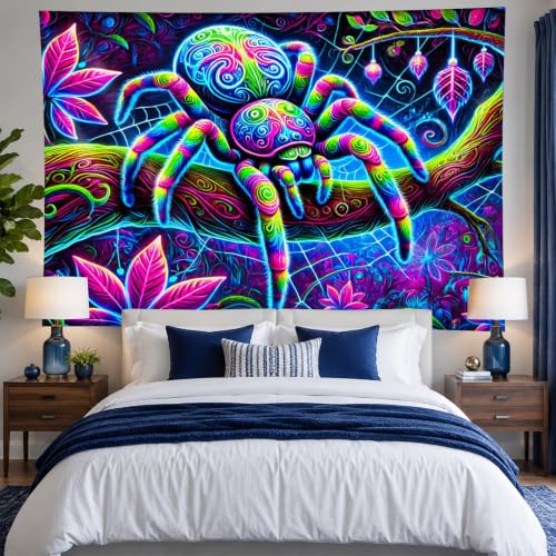 Image of BlissYard Neon Spider Forest Fantasy UV Black Light Tapestry 78x59 Inches Art Color Neon Light Background Bedroom Living Room Wall Party Decoration Psychedelic Web Nature Jungle Creepy Cool Decor