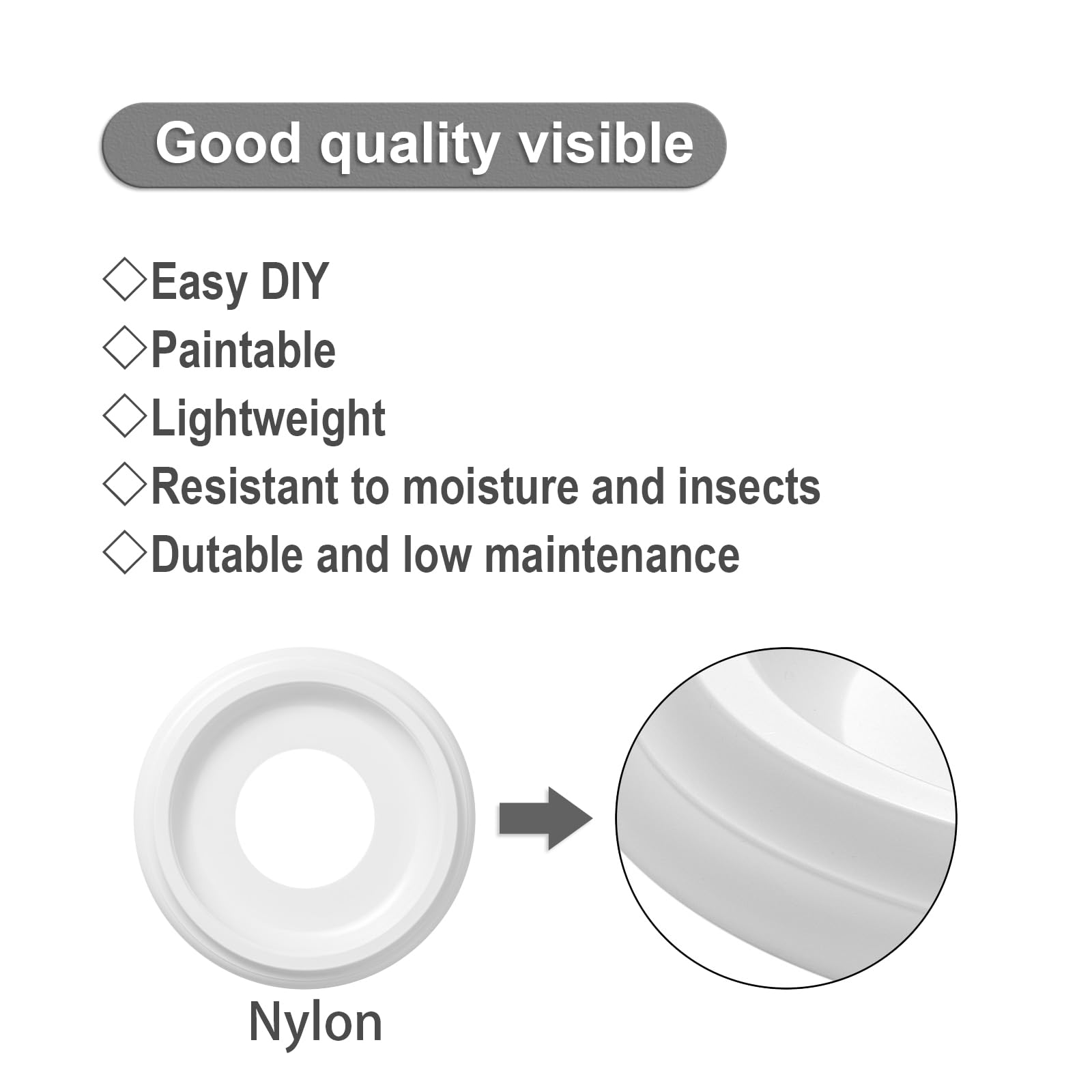 2 Pack White Molded Nylon Ceiling Medallion for Light Fixtures and Ceiling Fans 10"OD x 4"ID x 1"P (Fits Canopies up to7-1/4") — Amazon image 4