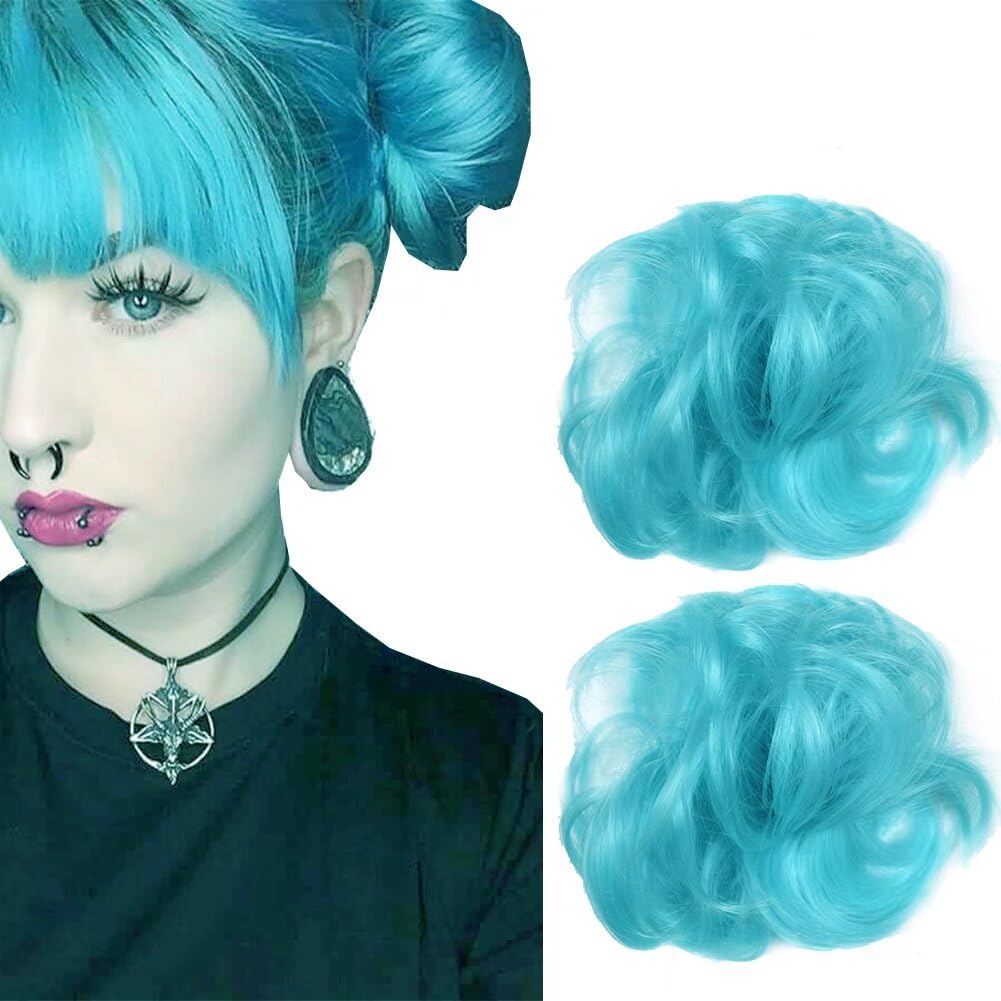 LaLuLoLi 2pcs #2513 Light Blue Color Wavy Curly Updo Scrunchy Hairpiece Ponytail Elastic Chignon Bun Hair Extensions Hair Messy Bun Hairpieces Extension for Women Girl Cosply Daily Use