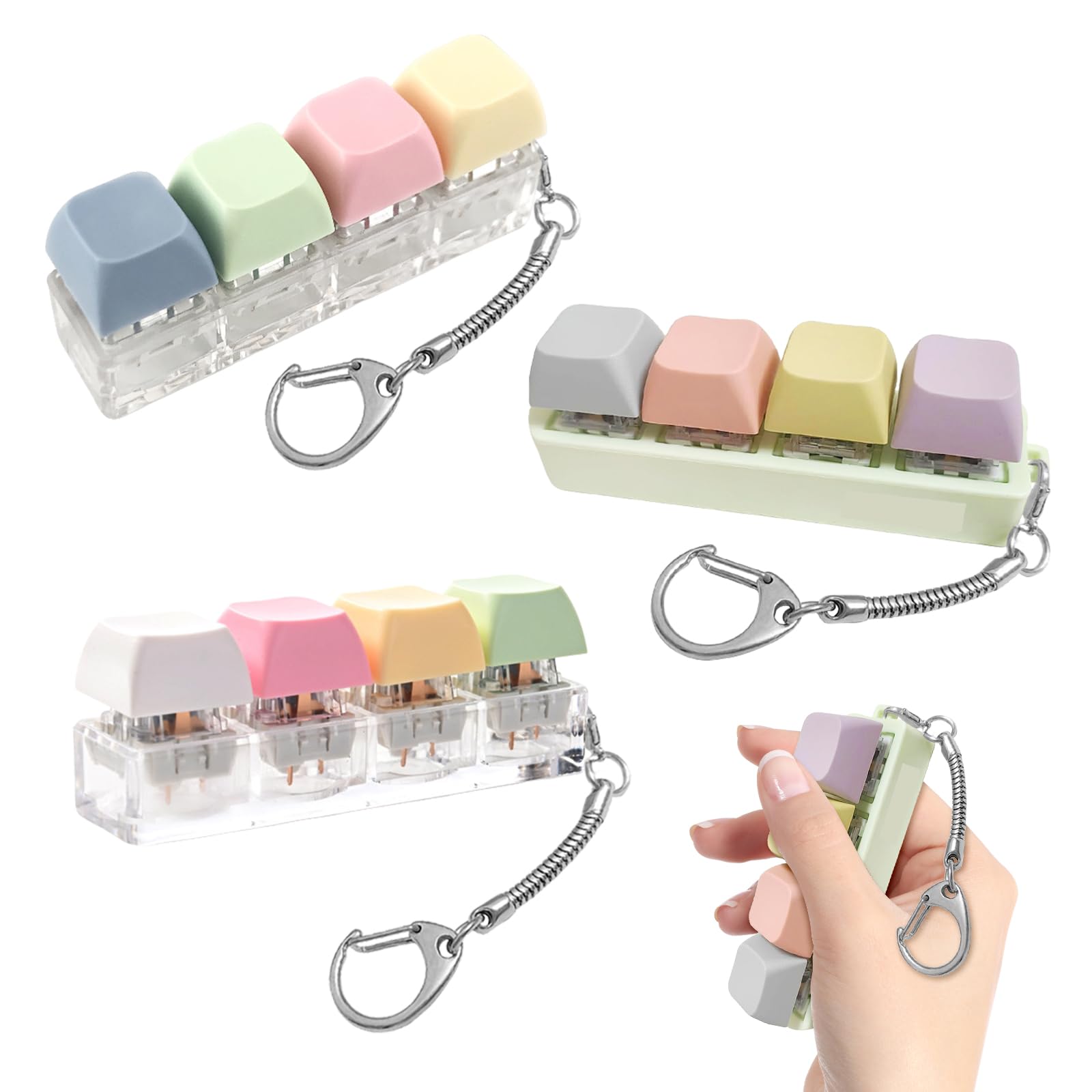3Pcs Keyboard Fidget Toy, 4 Button Fidget Keyboard Keychain, Mini Stress Relief Toys with Gradient Keycaps, Mechanical Switch Keyboard Clicker, Fidget Keyring for Adults Teens, Suitable for Office Sch