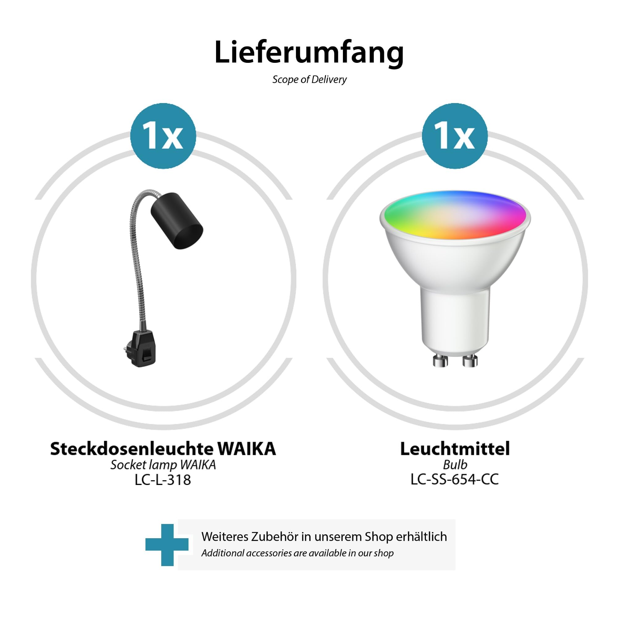 ledscom.de 2x GU10 Steckdosenlampe WAIKA Schwanenhals, Schalter, schwarz inkl. Smart Home RGBW GU10 LED