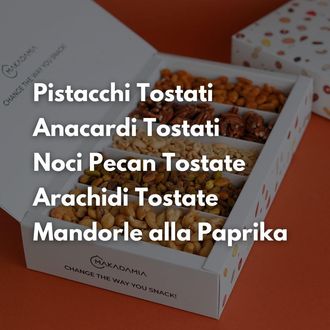 Makadamia - Aperitivo BOX 750 g - Pistacchi Tostati, Arachidi Tostate, Anacardi Tostati, Noci Pecan Tostate e Mandorle alla Paprika.