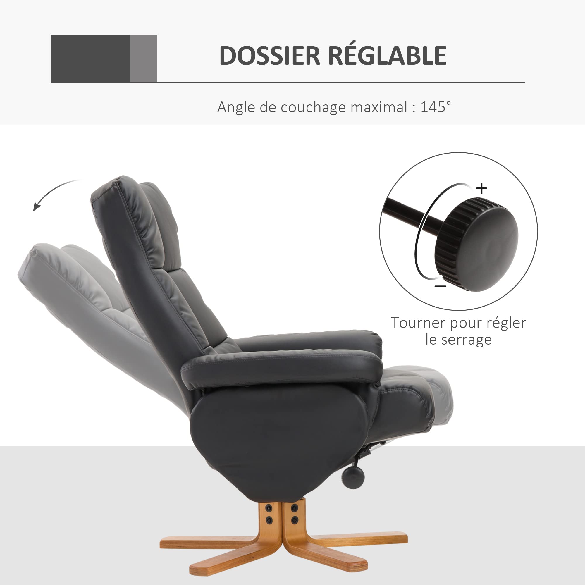 HOMCOM Fauteuil Relax avec Repose-Pied, Fauteuil de Relaxation en PU, pivotant à 360°, Dossier inclinable, Assise et Dossier rembourrés, Rangement caché, pour Salon, Chambre, Home cinéma, Noir