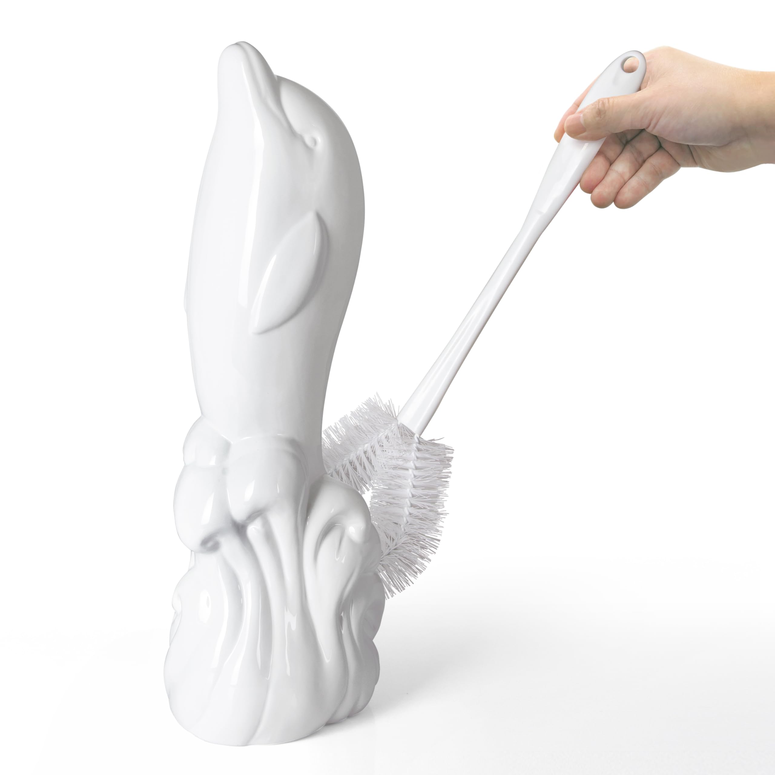 Dolphin Ceramic Toilet Brush Holder with Plastic Brush Set-White by Allure Home Creation