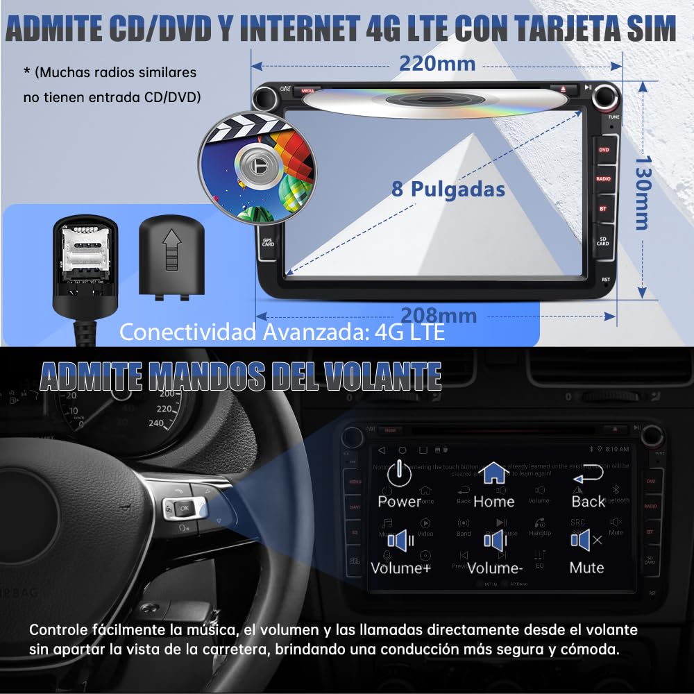 AWESAFE Android [4GB+64GB] Radio Coche admite SIM 4G con Pantalla 2 DIN CD/DVD para VW, Autoradio CarPlay/Android Auto para VW conBluetooth/RDS/USB/FM/SD/RCA, Admite Mandos del Volante y Aparcamiento