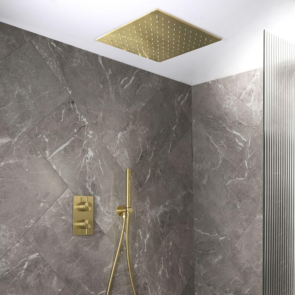 Milano Brushed Brass Otto Thermostatic Mixer Valve 400Mm Square Rainfall Shower Head Handset