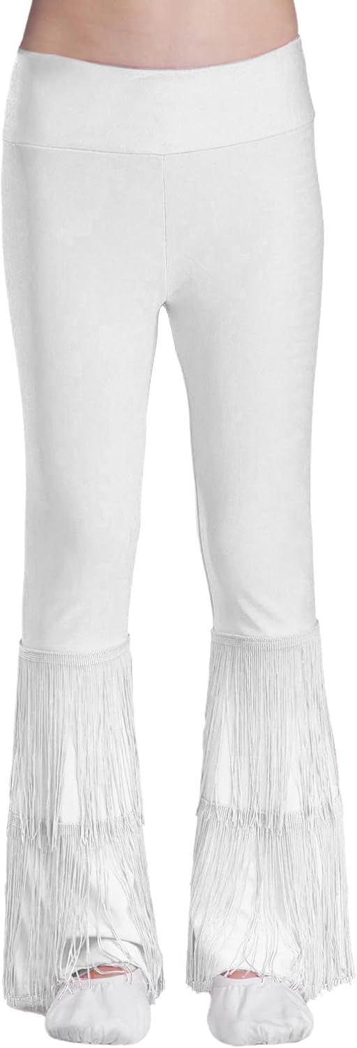 TiaoBug Kids Girls Tassel Salsa Tango Cha Cha Rumba Samba Latin Dance Pants Bell Bottom Ballroom Performance Trousers