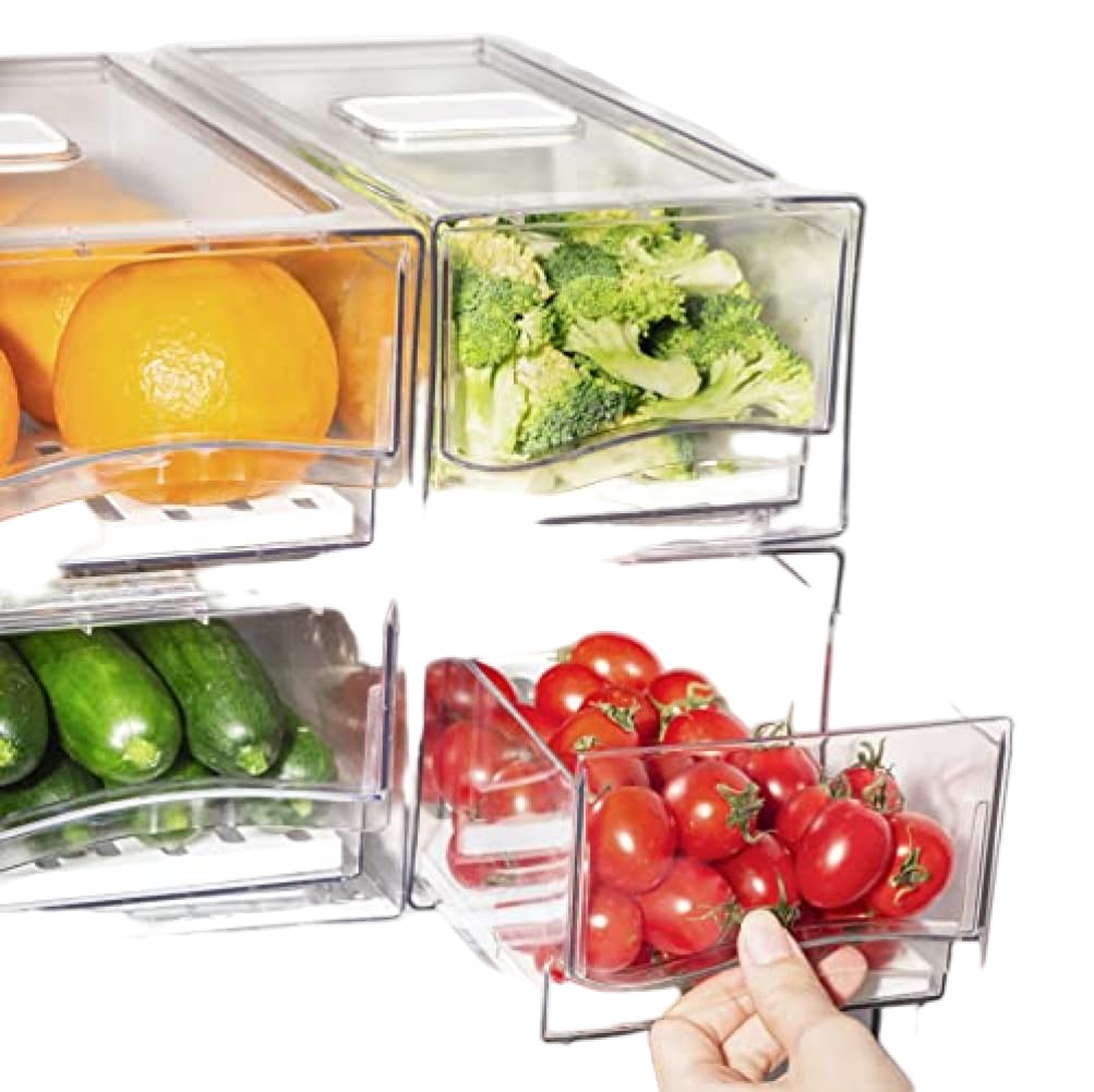 Fridge Drawers, Stackable Pull Out Bins for Refrigerator Organization, Clear Kitchen Pullout Storage Drawers with Drain Board, Set of 2