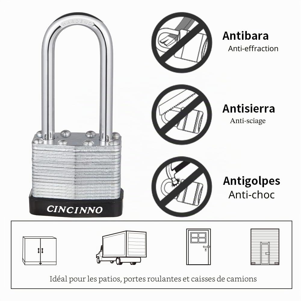 CINCINNO Lot de 6 cadenas laminés robustes avec clés identiques, cadenas à clé de 40 mm de large, anse de 5,1 cm de long avec les mêmes clés