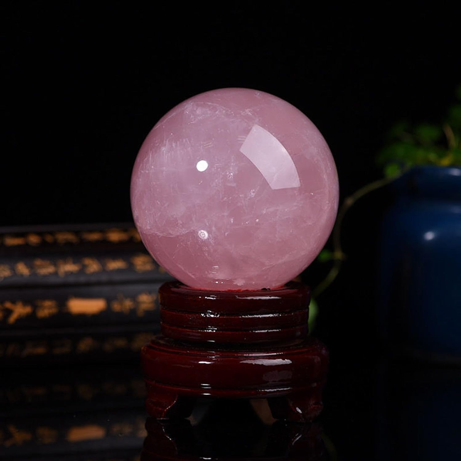 Rose Quartz Sphere Ball, Crystal with Wood Stand,Large Crystals Sculpture for, Home Decoration,60mm/2.4in
