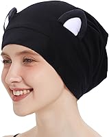 Vista 10 de Hat Hut Gorro de satén de seda para el cabello, gorro de dormir para cabello rizado, gorro ajustable con forro de seda con orejas Gato negro