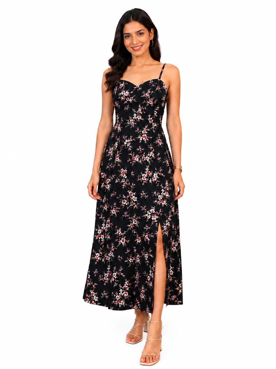 Women's Black Floral Printed Maxi Dress | Sleeveless Spaghetti Strap | Sweetheart Neck | Side Slit | A-Line Casual Summer Dress | Elegant Western Dress for Women-picture-20