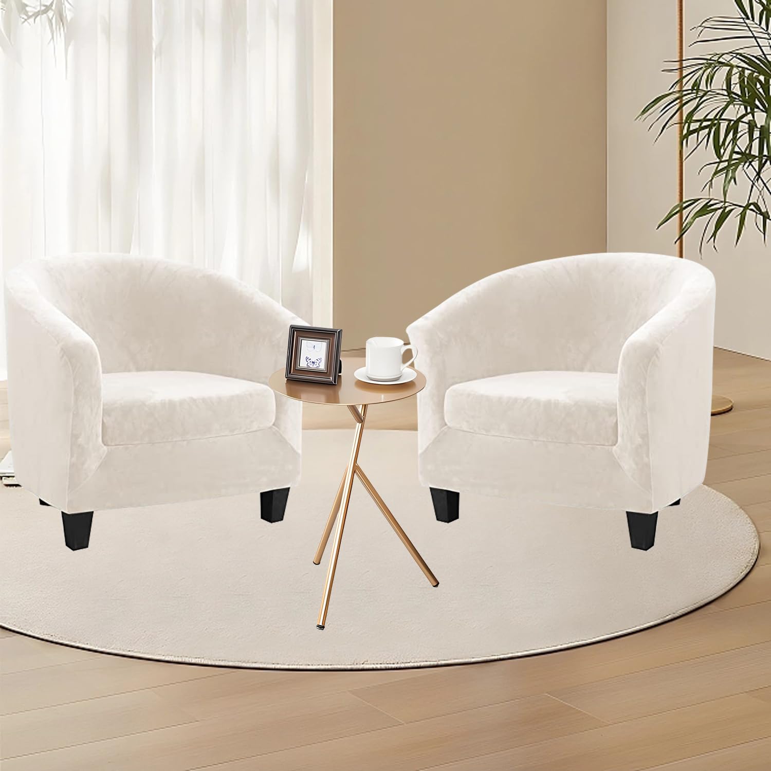 Byforphye Club Chair Cover, 2-Piece Set Tub Chair Covers with Cushion Cover Stretch Velvet Armchair Covers Soft Round Barrel Chair Covers for Living Room Bar Counter Club (Velvet-Beige)