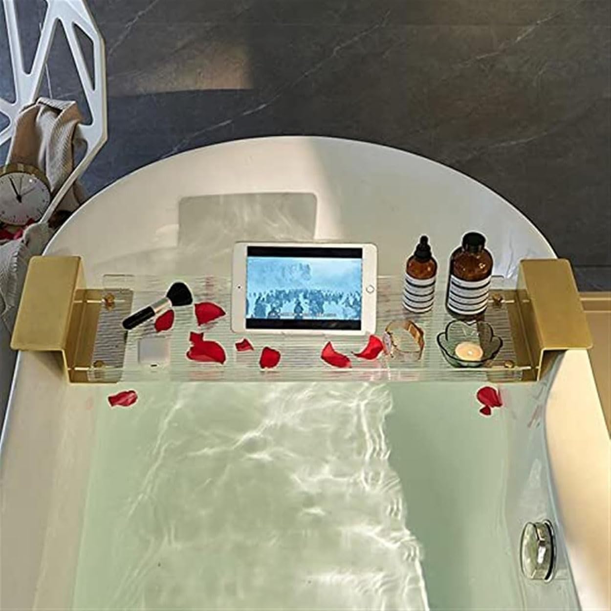 Acrylic Bathtub Tray Expandable Transparent Bathtub Tray with Non-Slip Handle Reading Stand Tablet Holder Bathtub Holder Bathroom Tray Expandable Transparent Bathtub Tray with Non-Slip Handle