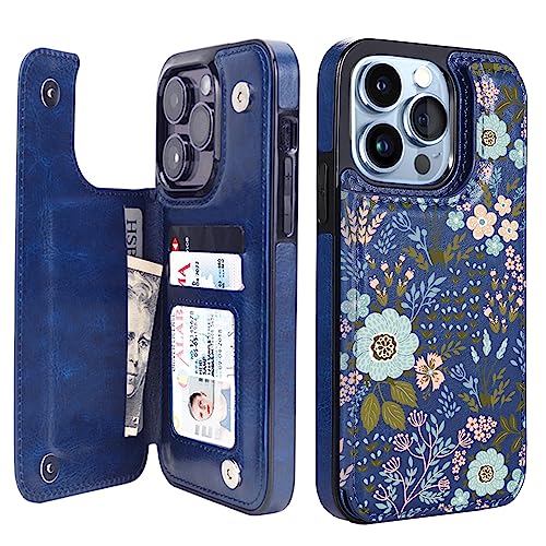 uCOLOR Compatible with iPhone 13 Pro Wallet Case with Card Holder Slots Marble Flip Leather RFID Kickstand Phone Wallet Cover for Women and Girls 6.1 (Navy Flowers iPhone 13 Pro 6.1)