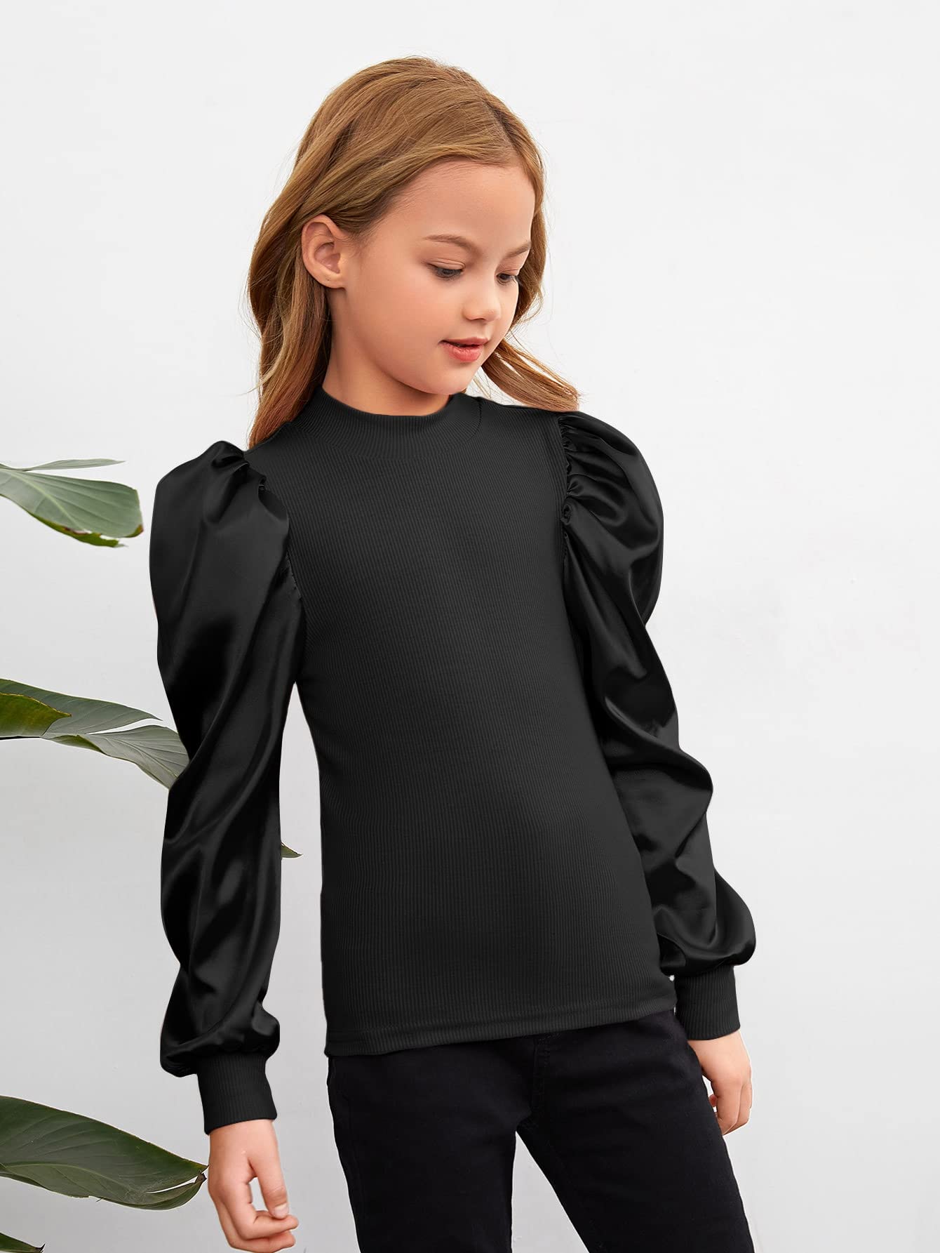 Floerns Blusa casual de punto acanalado de manga larga abombada con cuello redondo para niñas