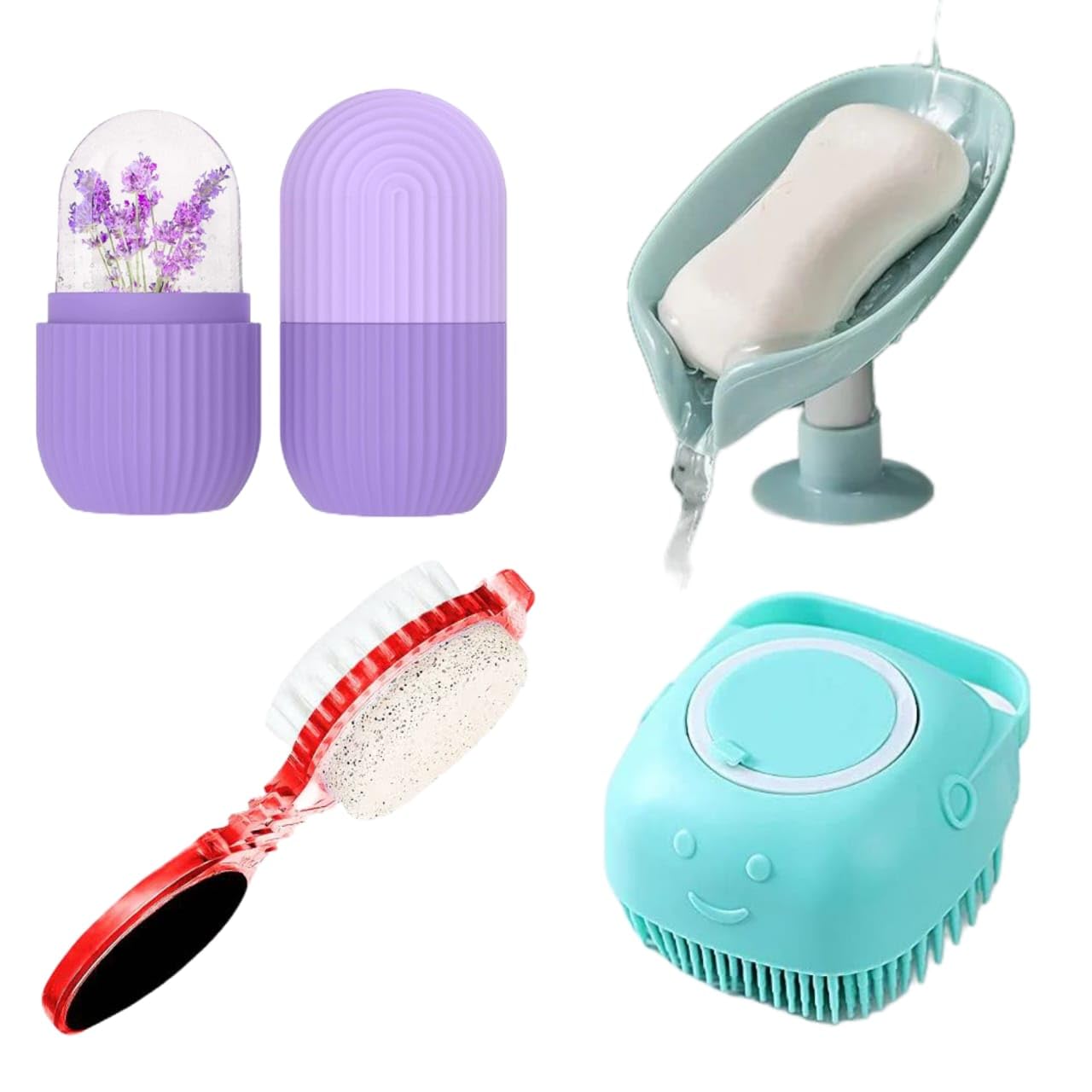 4-in-1 Personal Care & Wellness Set - Bath Brush, Body Scrubber, Face Roller & Soup Holder Combo