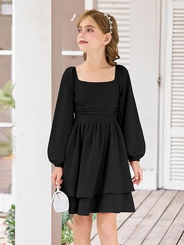 Girls Fall Dress Long Sleeve Dresses Smocked Ruched Square Neck Tiered Flowy Casual Formal Tween Dress 5-14 Years(Black,7-8 Years)