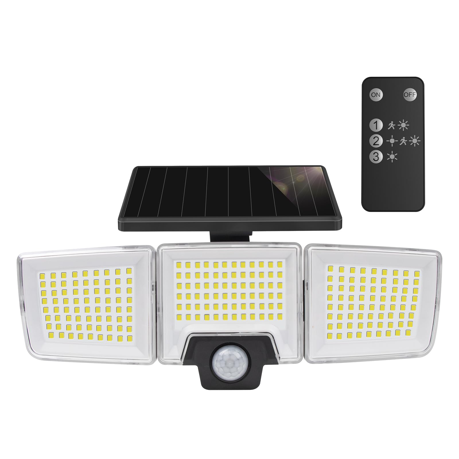 MustWinSolar Motion Sensor Lights Outdoor, IP65 Waterproof Flood Lights with Remote Control, 3 Heads 270° Super Bright 216 LED Security Lights Exterior Lights for Backyard Garage Porch