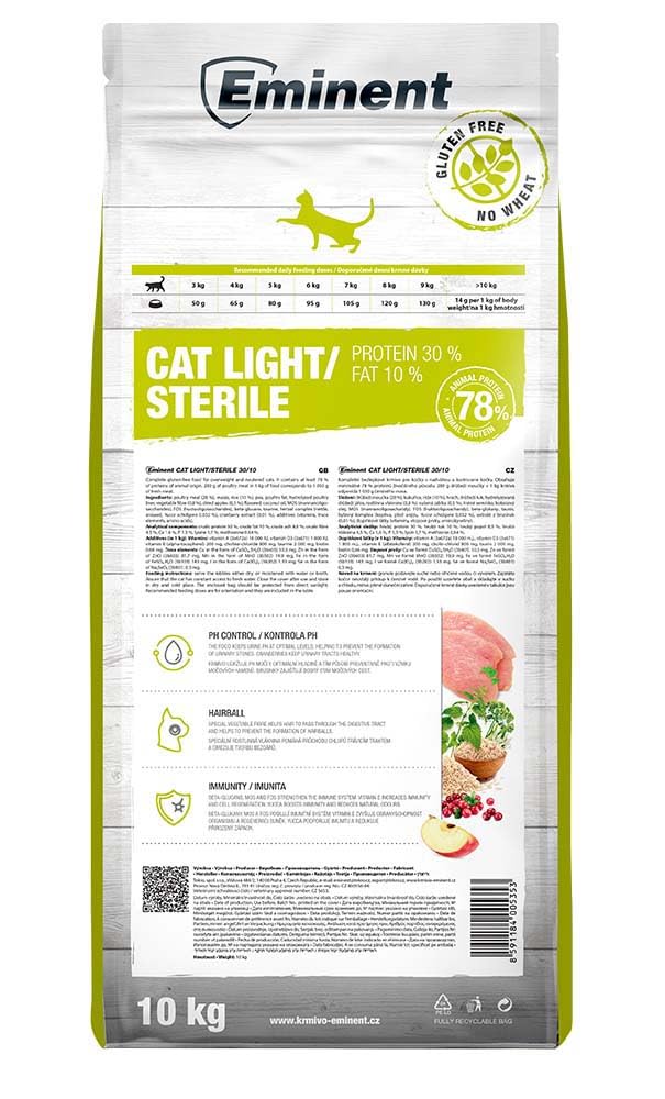 Eminent Cat Light/Sterile | High Premium karma dla kotów, bezglutenowa, sucha karma dla otyłych i kastrowanych kotów, 10 kg