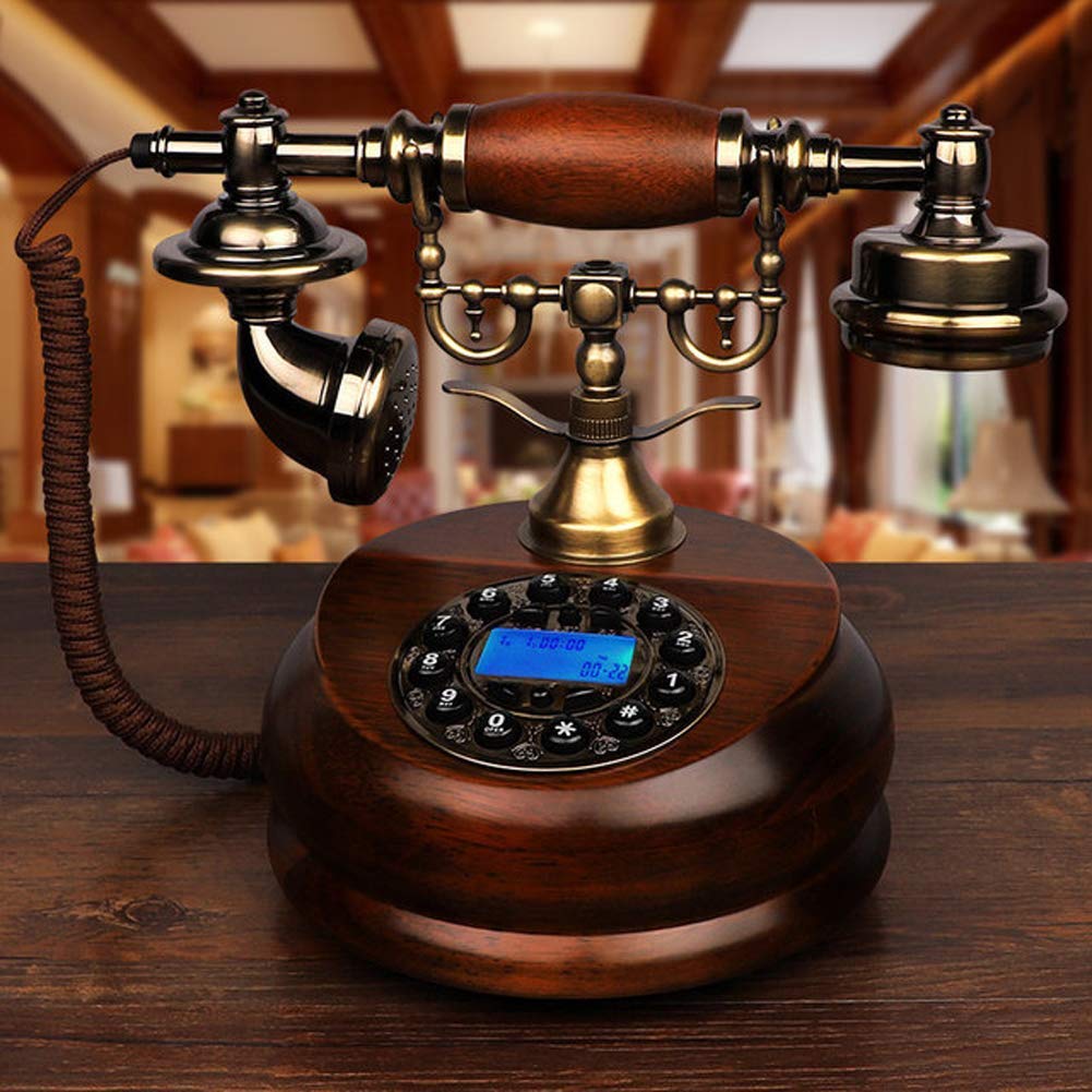 Telefon stacjonarny w stylu retro， Stary telefon z funkcjonalną tarczą obrotową i metalowym dzwonkiem, obudowa z drewna i metalu, do biura, domu, salonu, rozmiar 24x17,5x20,5 cm