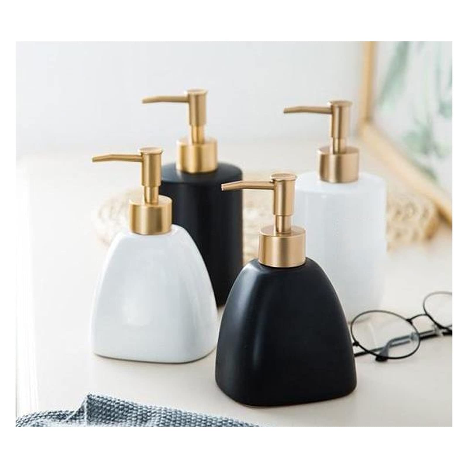 Dispenser di Sapone in Ceramica per Bagno, sottobottiglia per Cucina e flacone per Shampoo e lozione Ricaricabile con Bianco e Nero (Colore: Bianco, Dimensioni).