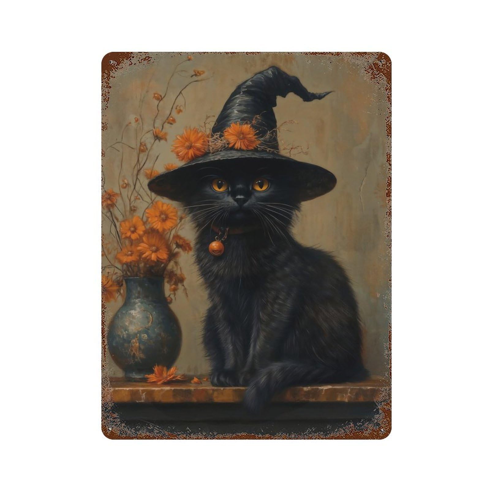 Black Cat Witch Rustic Tin Plaque 15.7"x11.8", Ideal for Shed, Workshop And Garage Wall Decor