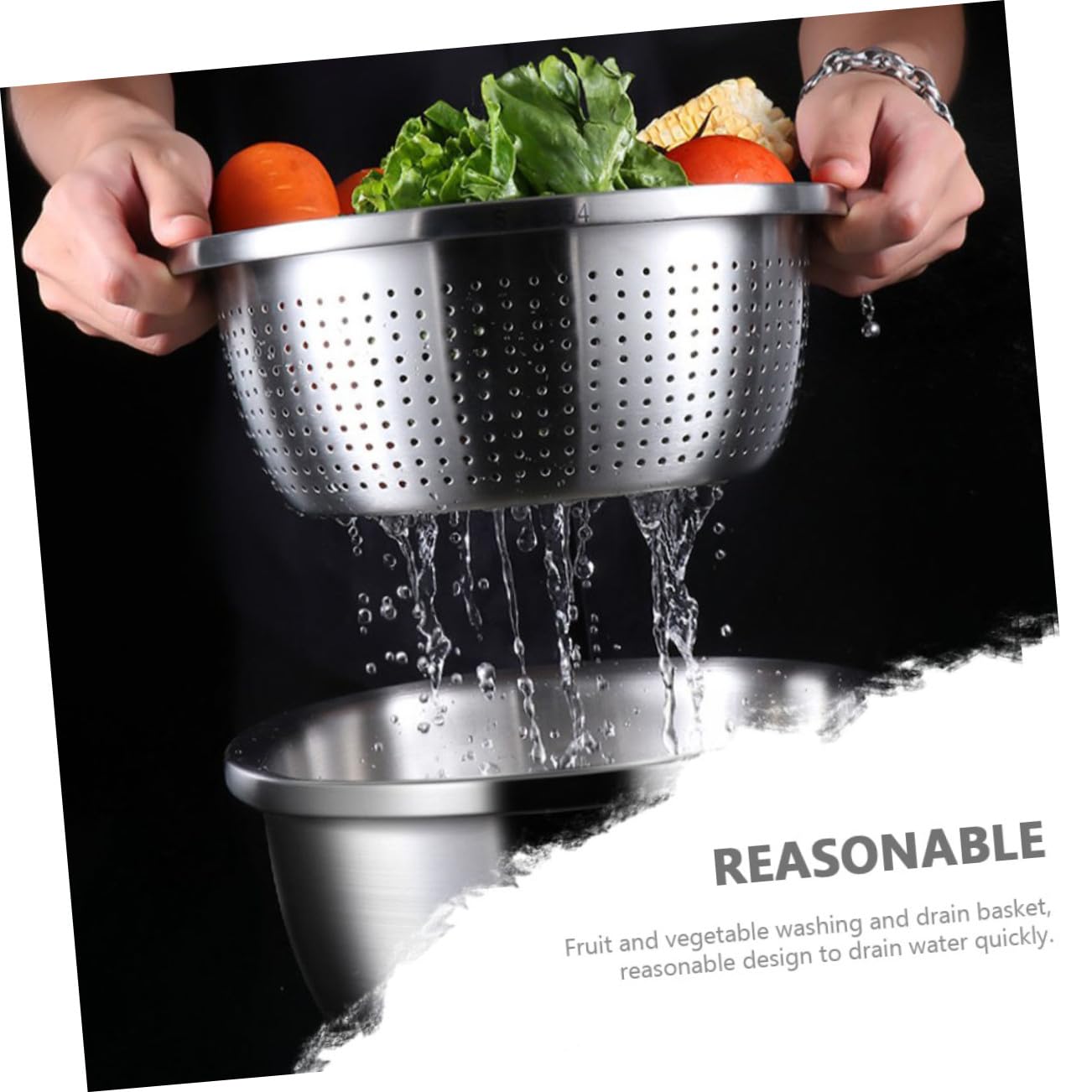 Hemobllo Set Scolapasta in Acciaio Inox a Doppio Strato Fori Fini e Rete Interna, Ciotola Multifunzione per Lavare Frutta e Verdura, Portatile per Cucina Indoor e Campeggio