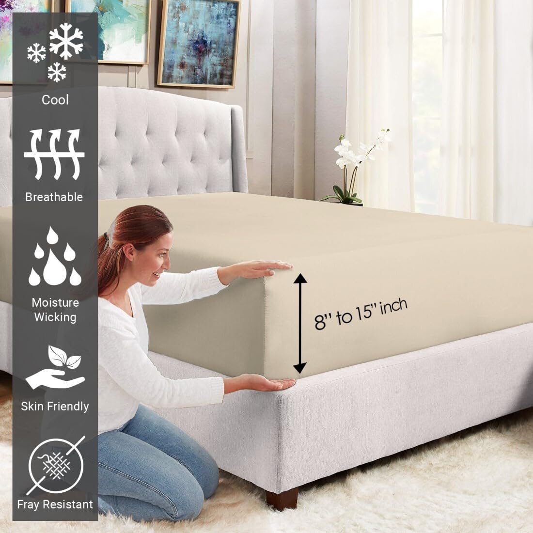 Pizuna Pure 100% Cotton Full Fitted Sheet Only, Luxurious 400 Thread Count Long Staple Cotton Sateen Weave 15